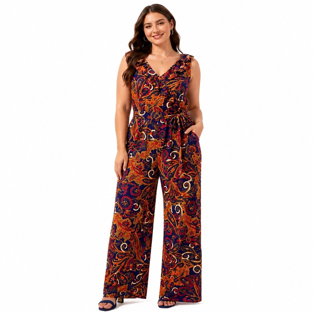 Joe Browns Womens Plus Size 24 Paisley Ruffle Wide Leg Jumpsuit Navy Orange New